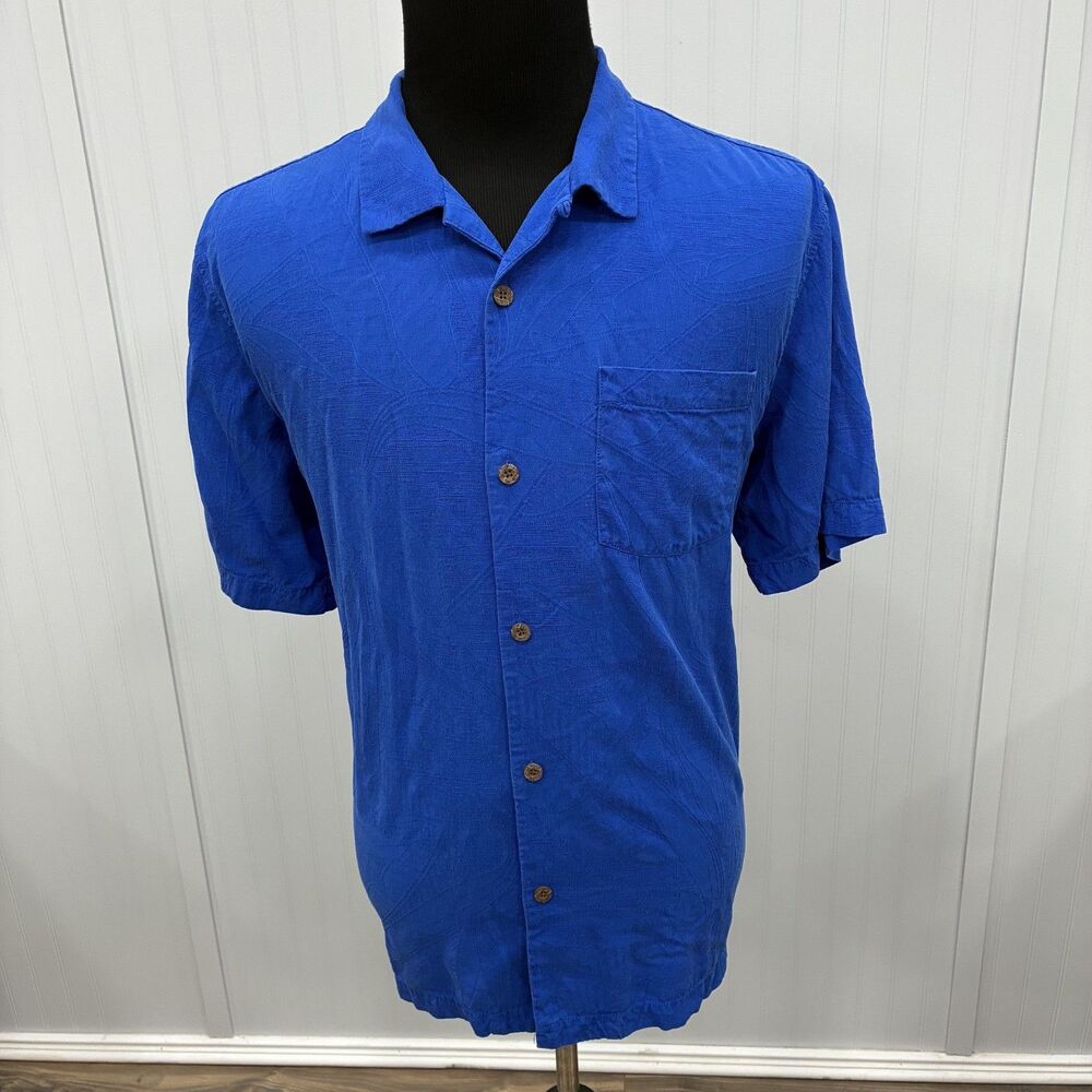 Tommy Bahama Men's XL Bright Blue 100% Silk Short Sleeve Button-Front Shirt